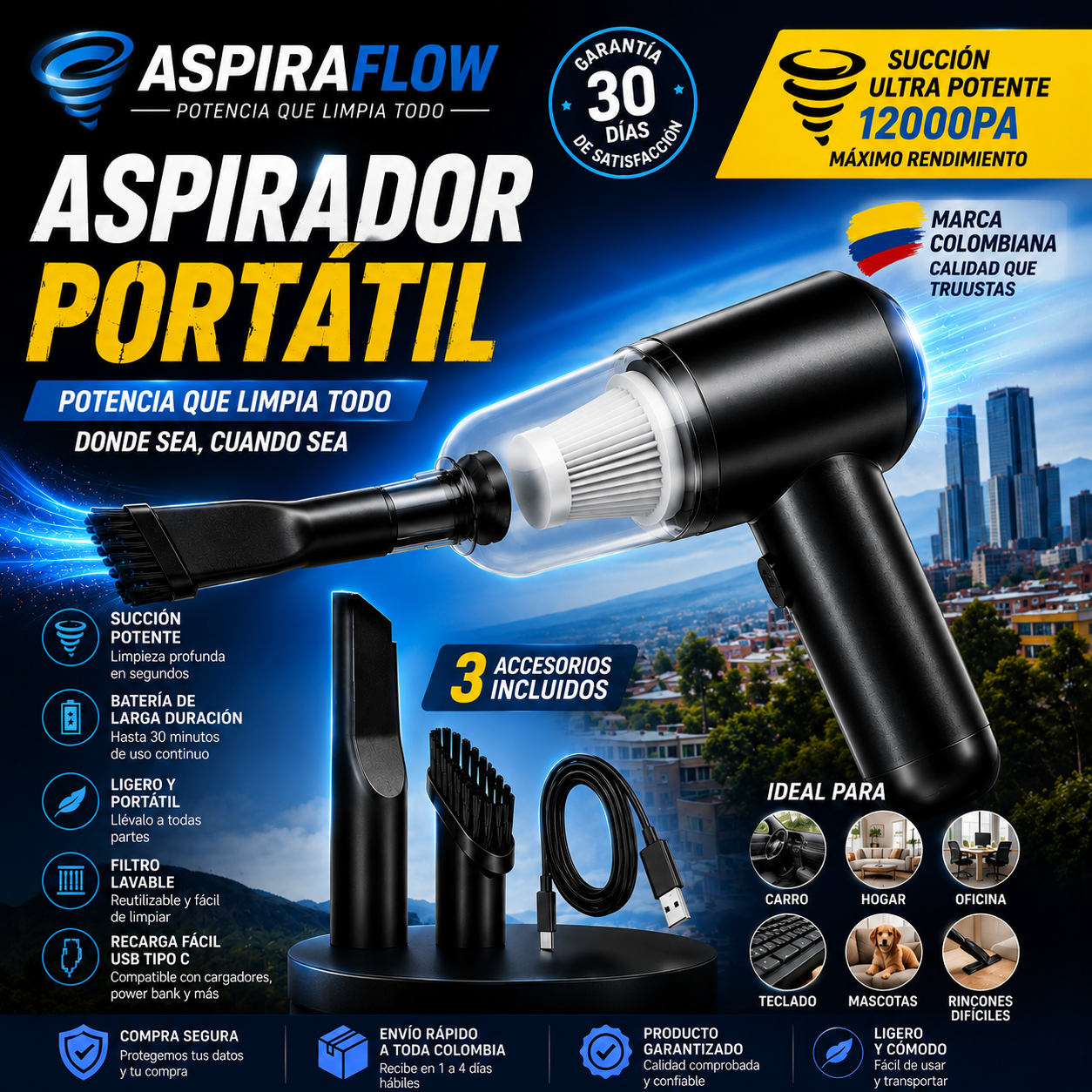 ASPIRAFLOW PRO + 3 accesorios Incluye | Aspiradora Portátil Inalámbrica con Potente Succión y Máxima Comodidad